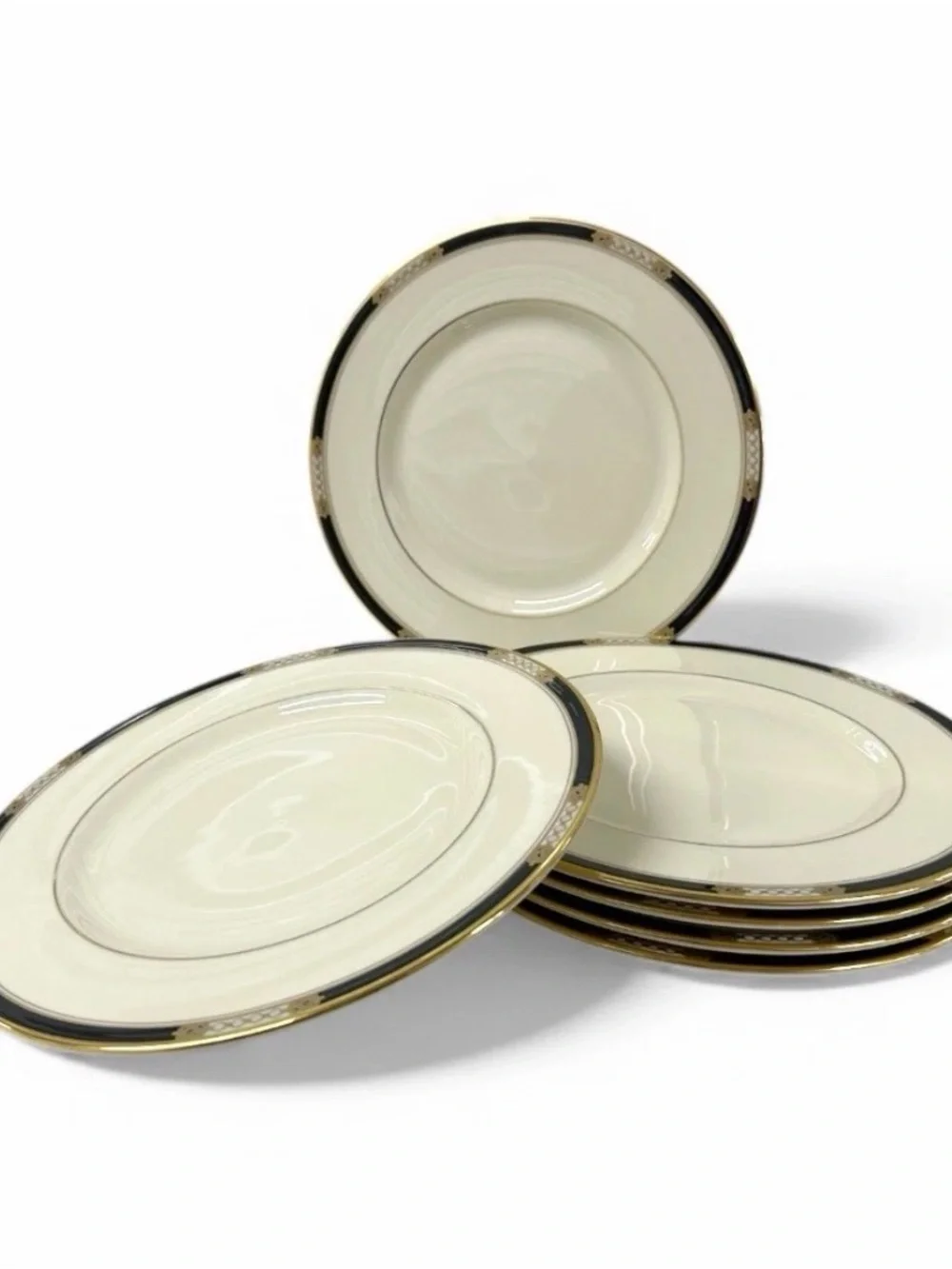 Lenox Hancock Salad Plates Set of 6 8.5” Black 24K Gold USA Bone China Vintage